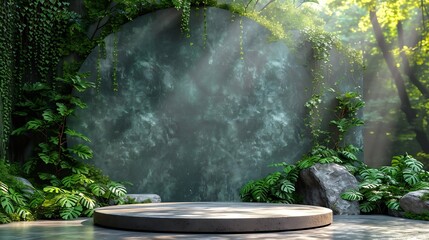 Generative AI : Natural stone and concrete podium in Natural green background for Empty show for packaging product