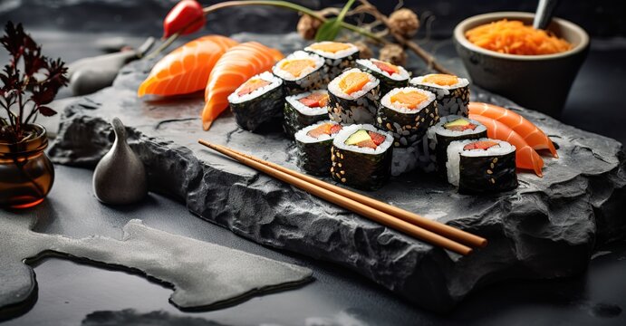 delicious sushi on black wooden board with chopsticks, top view