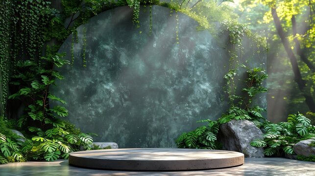 Generative AI : Natural stone and concrete podium in Natural green background for Empty show for packaging product