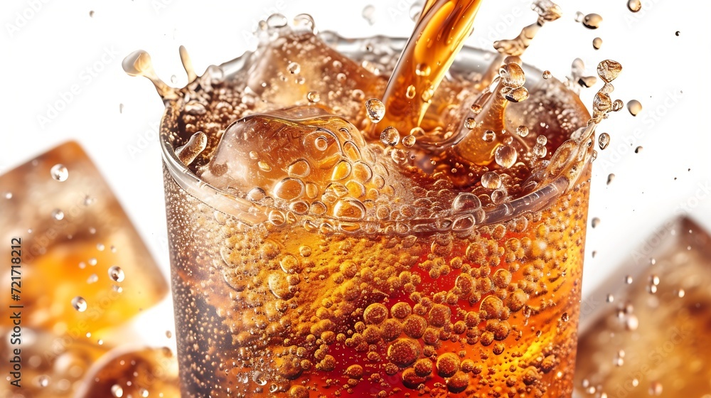 Poster Generative AI : Pouring cola soda with ice and bubble on front view white background cold drink beverage