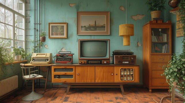 Generative AI : Retro living room design with old television, cabinet and radio along with work area with typewriter