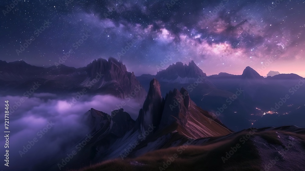 Poster generative ai : milky way above mountains in fog at night in autumn