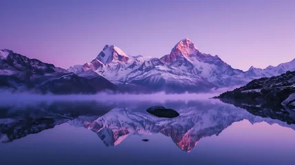Schilderijen op glas Generative AI : Mountain lake with perfect reflection at sunrise. Beautiful landscape with purple sky © The Little Hut