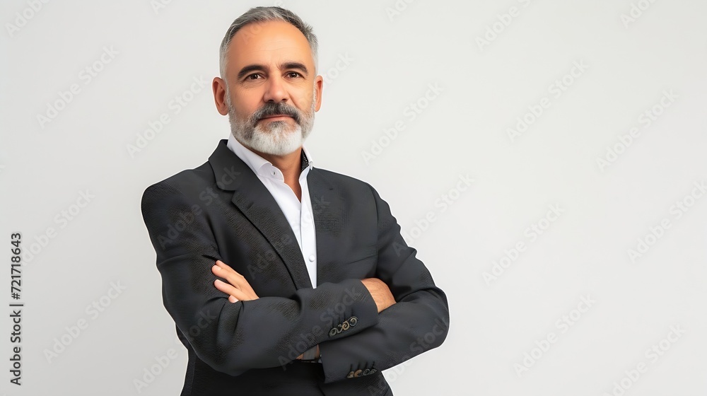 Poster generative ai : good-looking middle-aged businessman with arms crossed isolated in white background