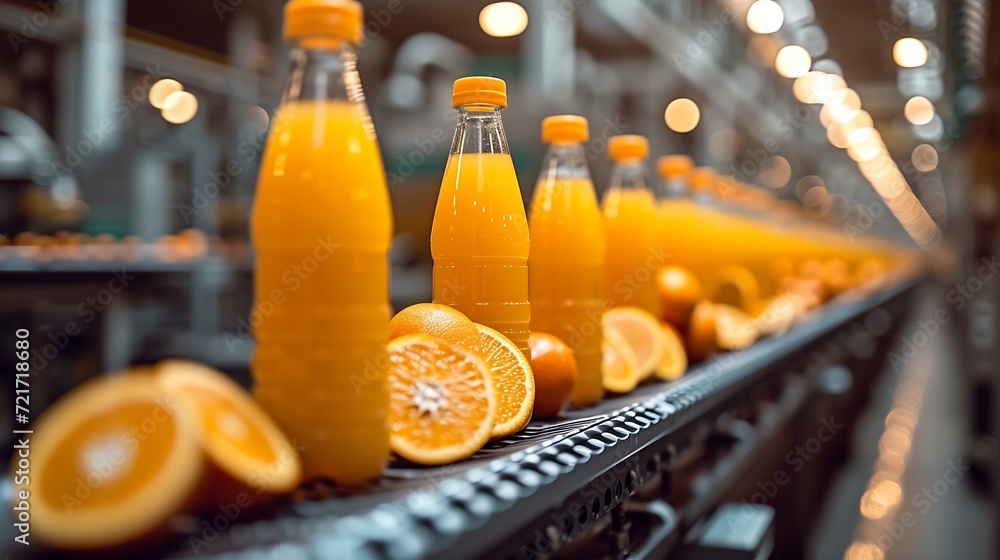 Poster generative ai : orange juice bottles transfer on conveyor belt system