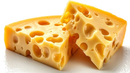 Generative AI : Emmental cheese triangle, Swiss cheese, isolated on white background. High resolution image