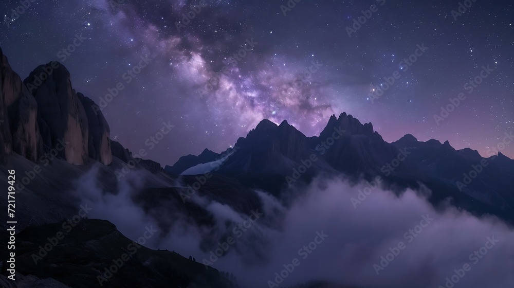 Poster generative ai : milky way above mountains in fog at night in autumn
