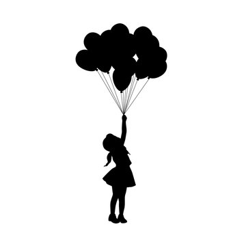 recommend clip art: Little kid girl with balloons, little girl holding a bunch of balloons silhouette