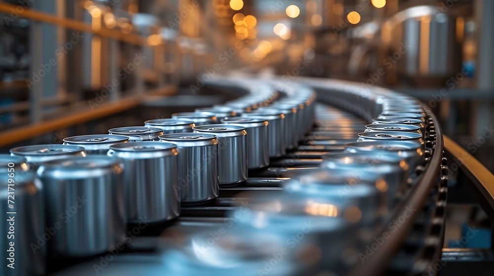 Poster Generative AI : Empty new aluminum cans for drink process in factory line on conveyor belt machine at beverage manufacturing. 
