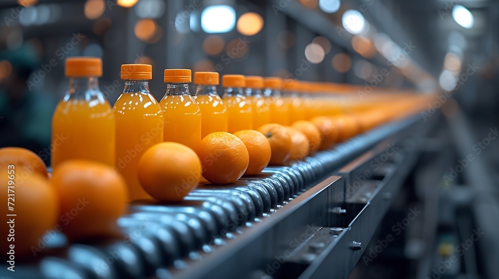 Aufkleber generative ai : orange juice bottles transfer on conveyor belt system