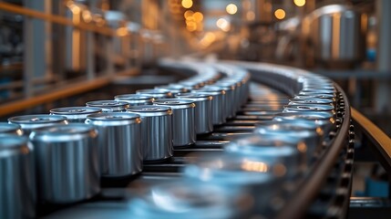 Generative AI : Empty new aluminum cans for drink process in factory line on conveyor belt machine...