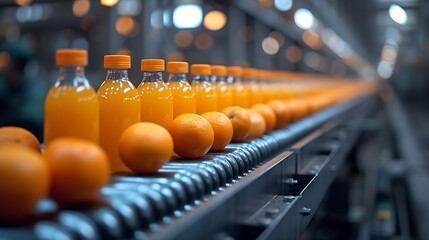 Generative AI : Orange Juice Bottles transfer on Conveyor Belt System
