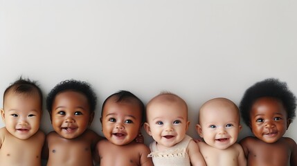 Generative AI : Row of six multi ethnic Babies smiling in studio