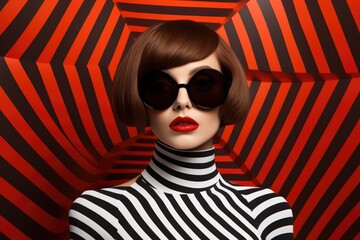 A model with a straight haircut and round sunglasses against a red and black striped background