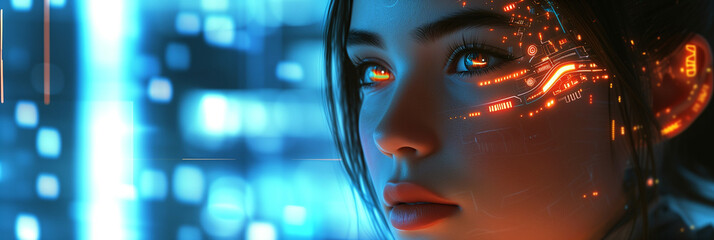 Cyborg woman face with digital hologram. 