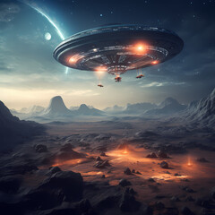 Sci-fi spacecraft hovering over a alien planet.
