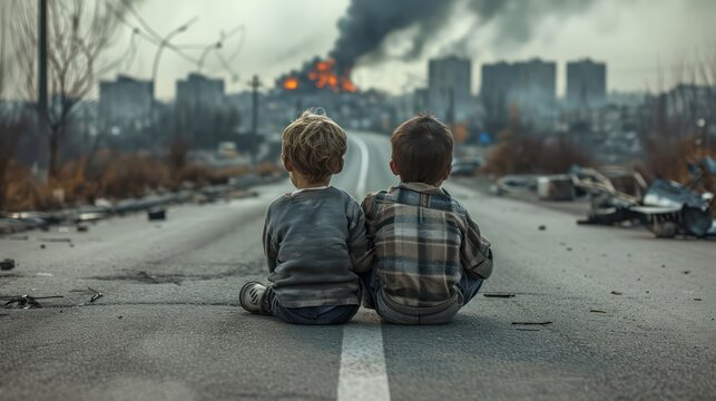 Two dirty little boy sitting on empty road, bokeh building ruins background. After war or natural disasters concept.	