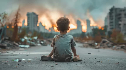 Foto op Aluminium A dirty little boy sitting alone, bokeh building ruins background. After war or natural disasters concept.  © Farid