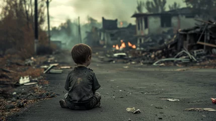 Foto op Aluminium A dirty little boy sitting alone, bokeh building ruins background. After war or natural disasters concept.  © Farid