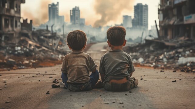 Two dirty little boy sitting on empty road, bokeh building ruins background. After war or natural disasters concept.	
