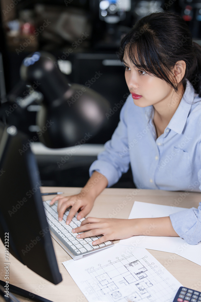 Aufkleber asian architect engineer women using computer to typing information about architectural project repo