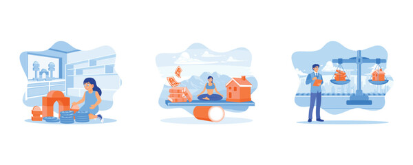 House Model Balance Equilibrium. Small House Model And Stacked Gold Coins Balancing On Wooden Seesaw. dollar banknotes and house model balancing on seesaw.  set flat vector modern illustration 