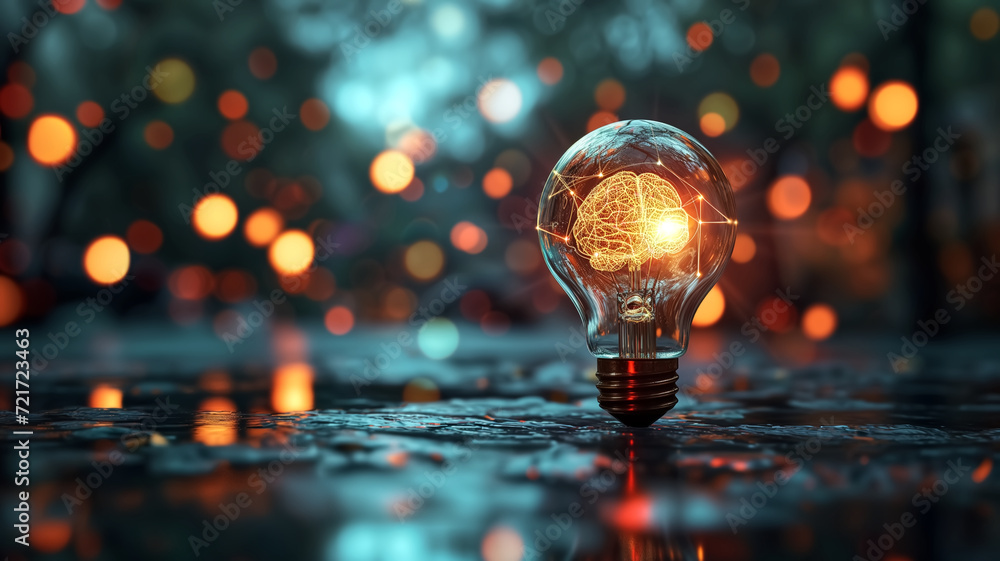 Poster glowing light bulb on blurred background with bokeh effect. 3d rendering.
