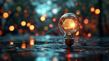 Glowing light bulb on blurred background with bokeh effect. 3D rendering.