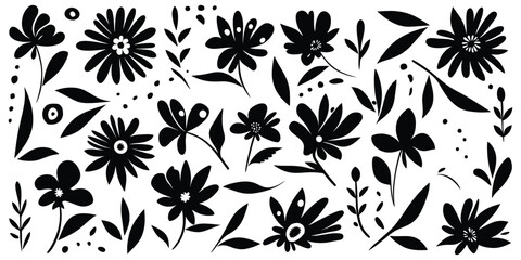 Hand drawn plant elements, flowers and leaves, vector design	