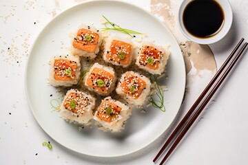 Sushi, delicious japanese cuisine, simple and elegant background, there is free space for text, wallpaper, poster, advertisement, etc,
