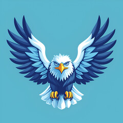 A logo illustration of a majestic eagle soaring against a sky blue background. Created with generative AI.