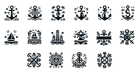 Nautical and Marine Life Vector Set - Anchors, Steering Wheels, and Ships