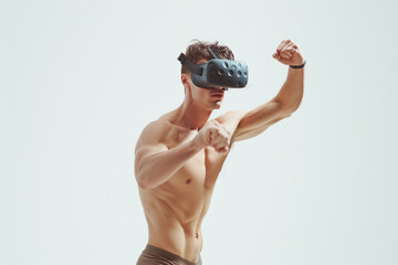 Man wearing VR headset and enjoying kickboxing in the Metaverse