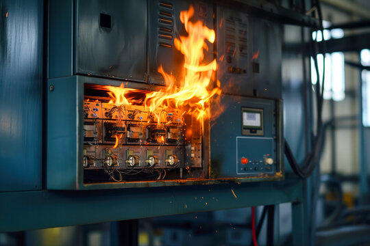 Fire broke out in an electrical panel due to short circuit and overload AI Generative 