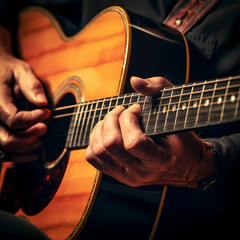 Fototapeta na wymiar A close-up of a musicians hands playing a guitar.