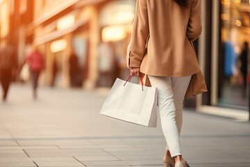 Stylish Shopper with Elegant Coat and Shopping Bag on City Street