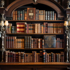 A bookshelf filled with antique leather-bound books