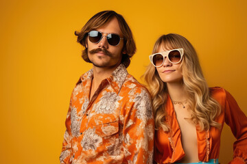 Retro Styled Couple in Sunglasses and Vibrant Outfits on Yellow Background