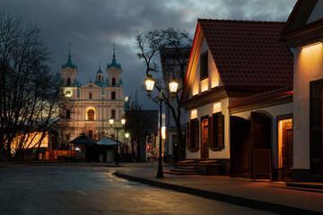 View of the recreated historical buildings on Zamkovaya Street and the Cathedral of St. Francis...