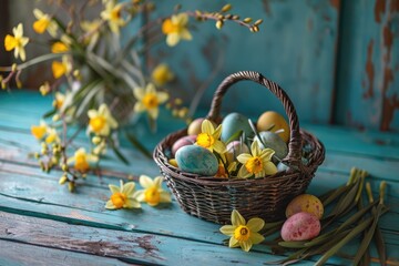 Basket with colorful Easter eggs and branches of flowers