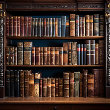 A bookshelf filled with antique leather-bound books