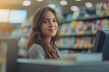 Exceptional retail service! A helpful saleswoman assists shoppers, answers queries, and creates a welcoming atmosphere for an outstanding customer service experience - obrazy, fototapety, plakaty