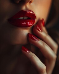 woman red lipstick nails holding hand mouth natural skin liquid high glossy forbidden beauty bite lip stunning beauteous sumptuous flirty - obrazy, fototapety, plakaty
