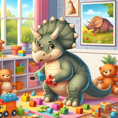 A friendly dinosaur playing with toys cartoon