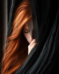 woman red hair hiding black blanket wistful bosom elf among impostor veiled long orange looking out window shapeshifter - obrazy, fototapety, plakaty