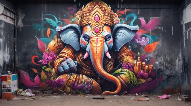 Graffiti Ganesha: Vibrant graffiti depicting Ganesh, remover of obstacles.