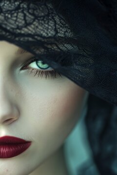woman black hat red lipstick green eyes wearing translucent veils ocean alluring terrifying lashes perfect drow gaze downcast fine lace