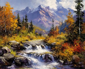 stream mountain valley background portrait autumn spirit breathtaking quality snowy peaks stands easel pouring techniques deep puddles flowing rhythms - obrazy, fototapety, plakaty