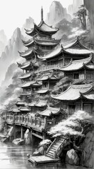 Obraz premium japanese temple in the morning, illustration, art