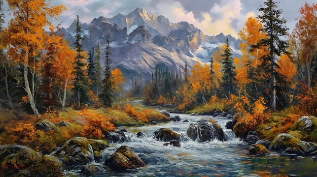 mountain stream background warm rendition stands easel heavily autumn melting rivers paint splashes yellow orange alaska bush highly
